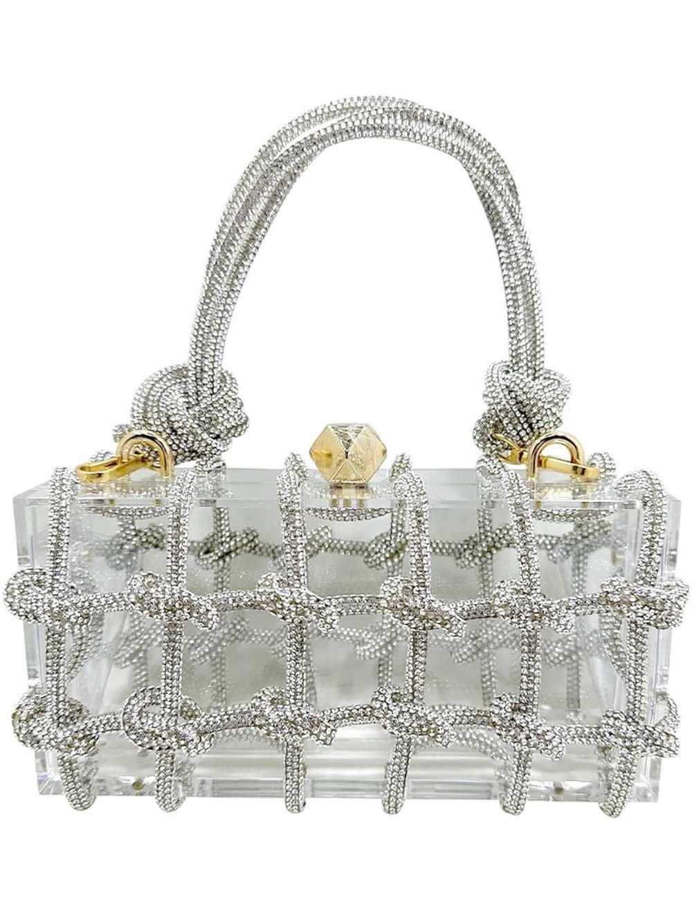 Crystal Rhinestone Clear Acrylic Box Clutch Evening Bag with Detachable Strap